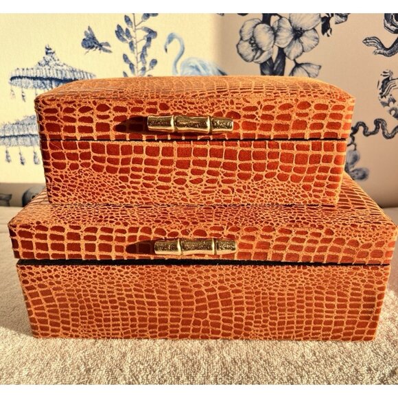 S/2 Vegan Crocodile Decorative Boxes Brown Umber Jewelry Storage Lined Home NICE - Picture 2 of 16